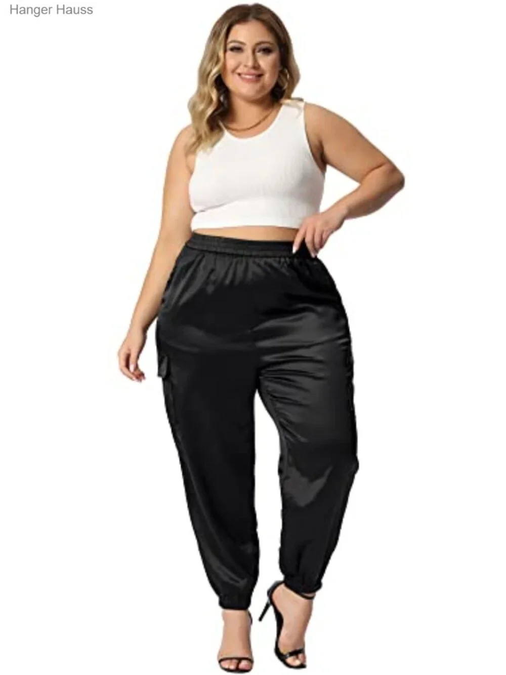 Plus Size Satin Joggers Elastic Waist Athleisure Cargo Pants with Pockets - Picture 3 of 5